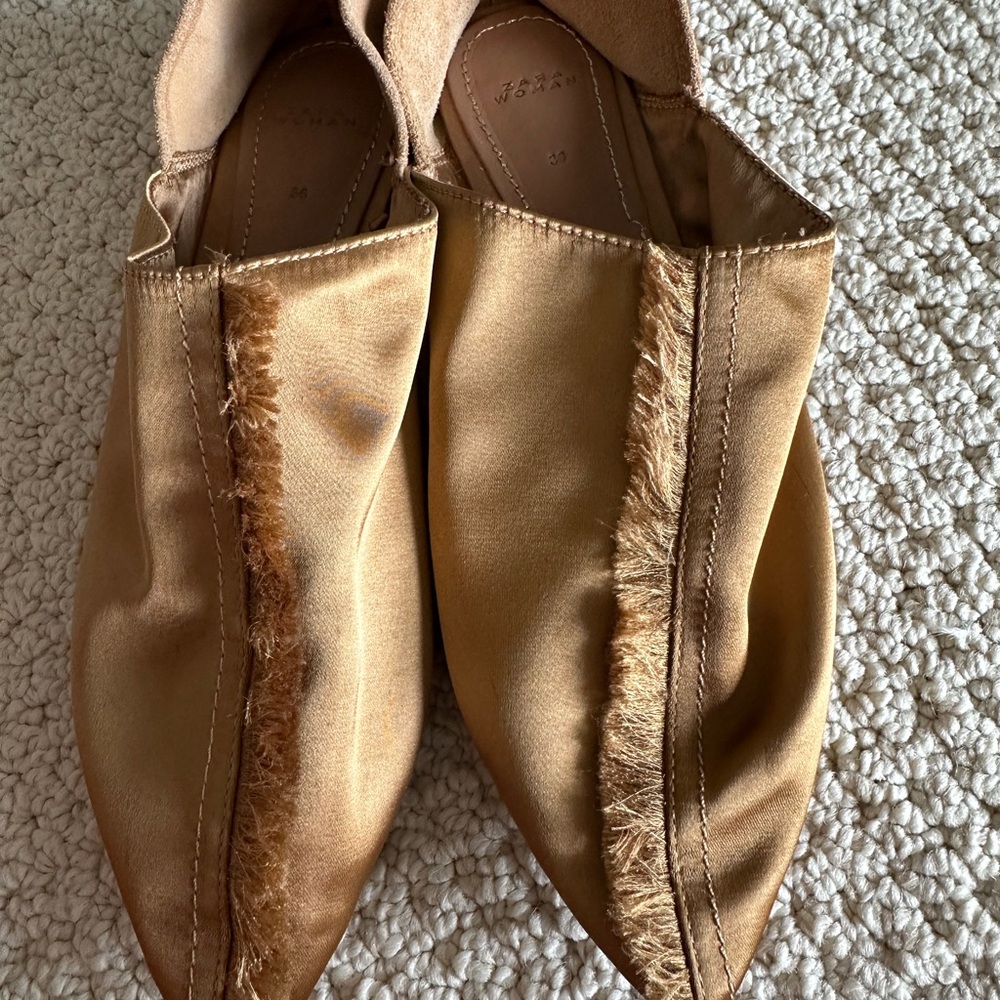 Zara Gold Satin Flats with Fringe Detail